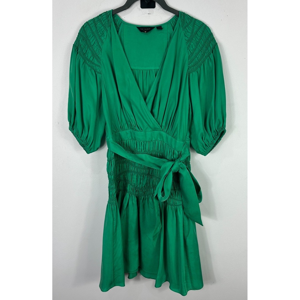 Ted Baker Green Babydoll Mini Dress Womens 1 Small Vegan Silk Smocked Feminine‎